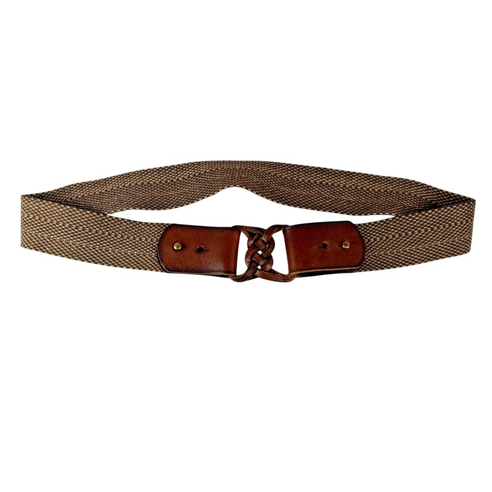 Fossil Womens‎ Brown Tan Herringbone Woven Wide Belt Brown Leather Buckle Size L